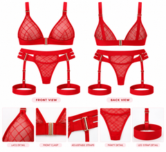 Red Lace Lingerie Set with Garter Belt – Elegant Mesh 4-Piece Set