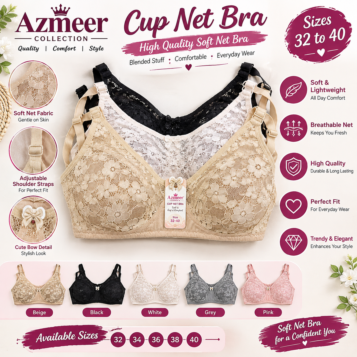 Cup Net Bra for Women – High Quality Soft Net Blended Bra