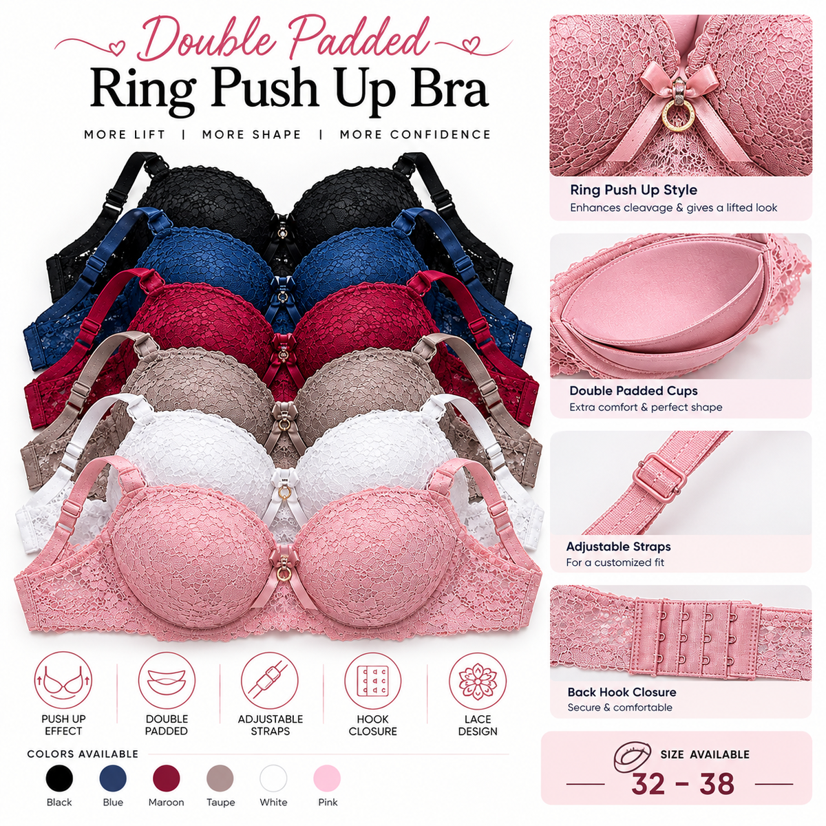 Women's Double Padded Ring Push-Up Bra – Elegant Lace Bra