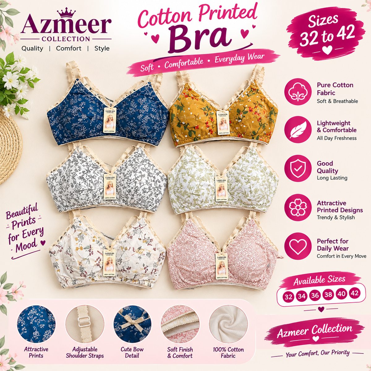 Premium Cotton Printed Bra for Women – Soft & Comfortable