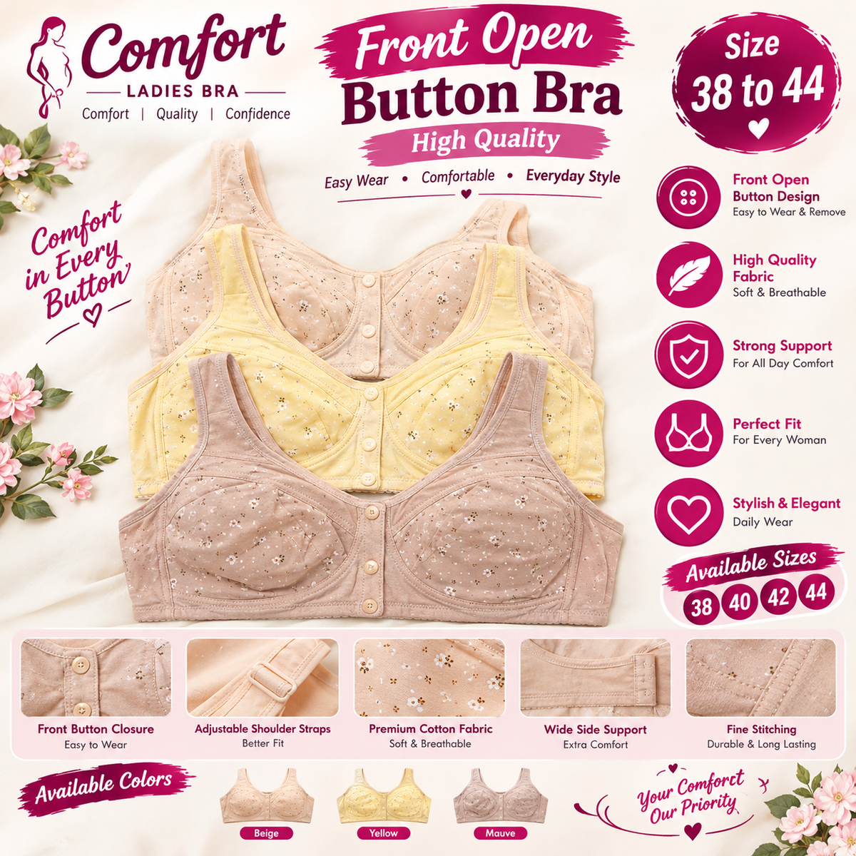 Front Open Button Bra for Women – High Quality Comfortable Bra