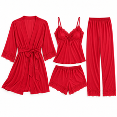 Women’s Red 4-Piece Lace-Trim Nightwear Set