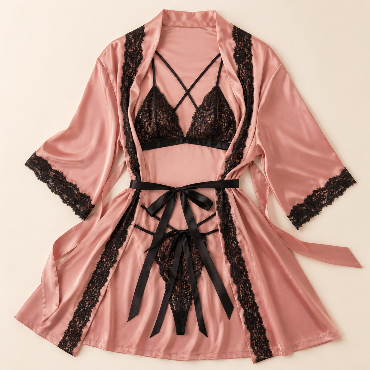 Pink Satin Robe with Black Lace Lingerie Set for Women
